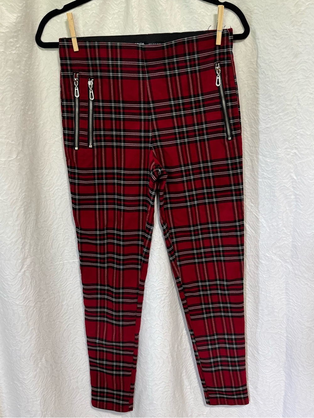 Zara Red Plaid Leggings with Silver Zip Accents